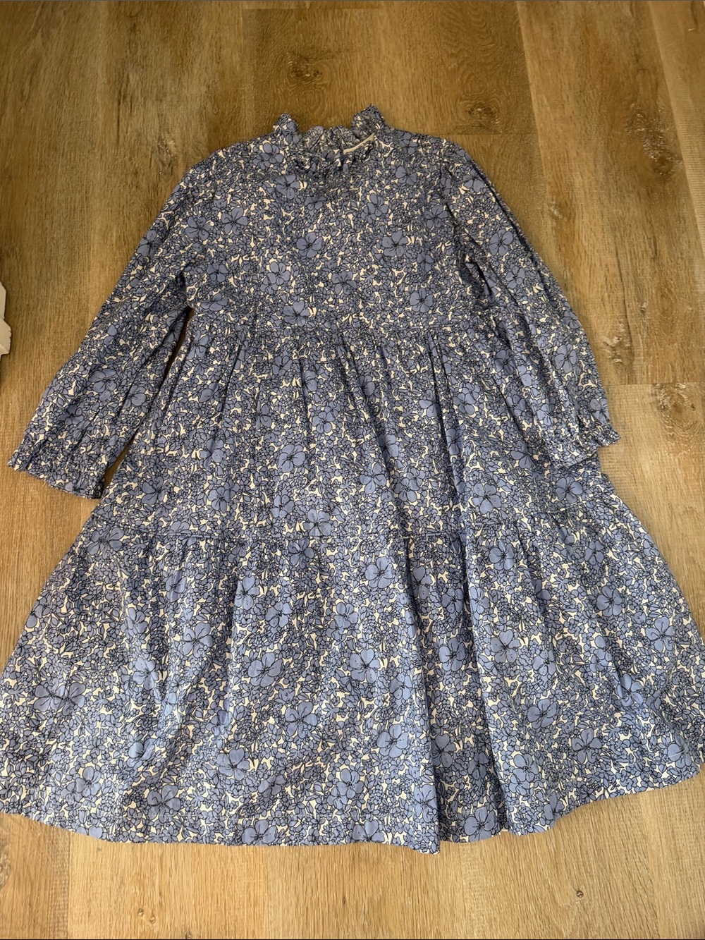 Girls' Blue Floral Tiered Long-Sleeve Dress